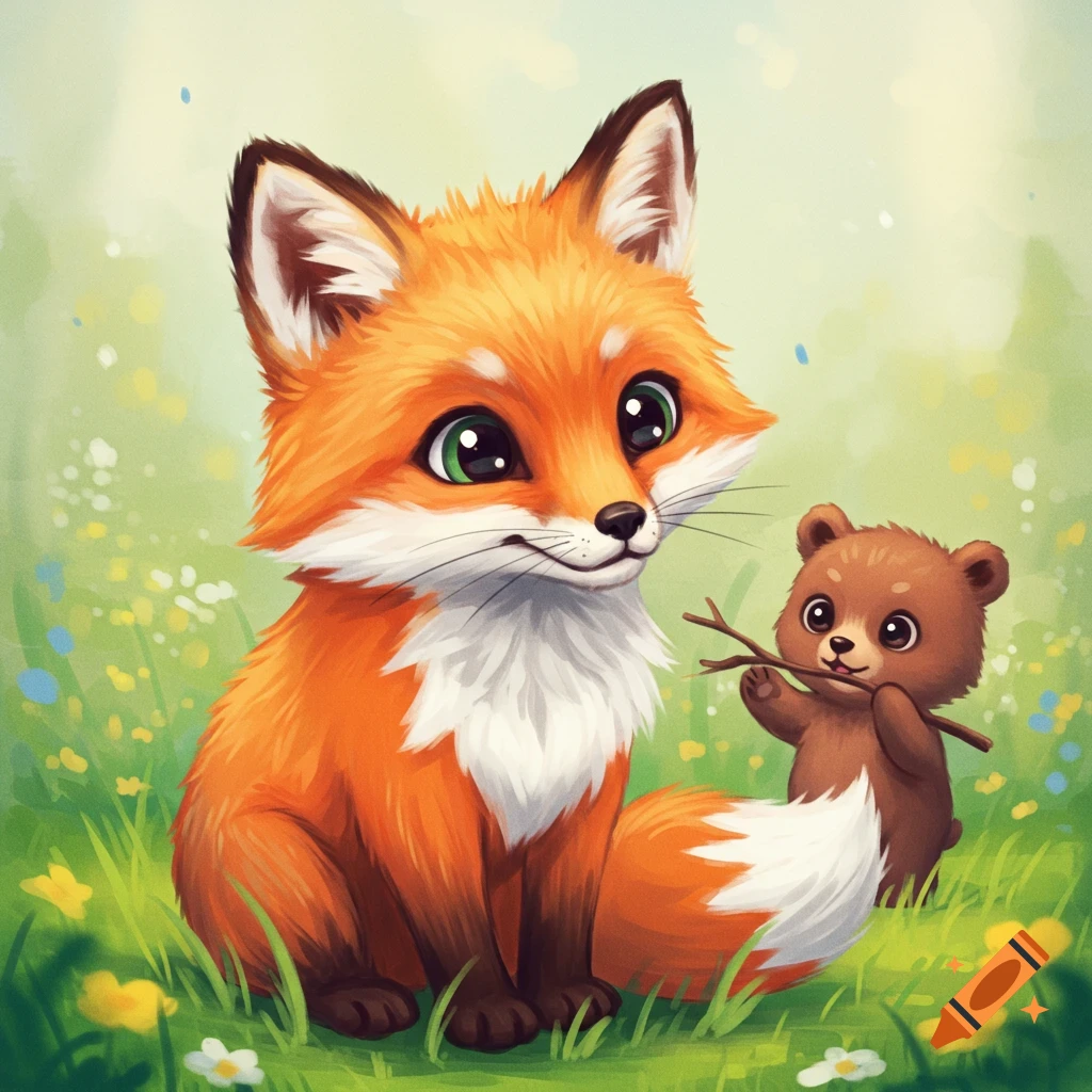 A cute cartoon fox and a small bear holding a stick sit in a grassy field.