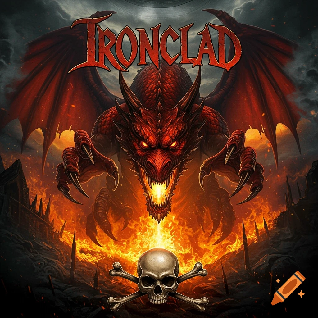 Heavy metal style art of a red dragon roaring fire onto a skull with crossbones, text reads IRONCLAD.