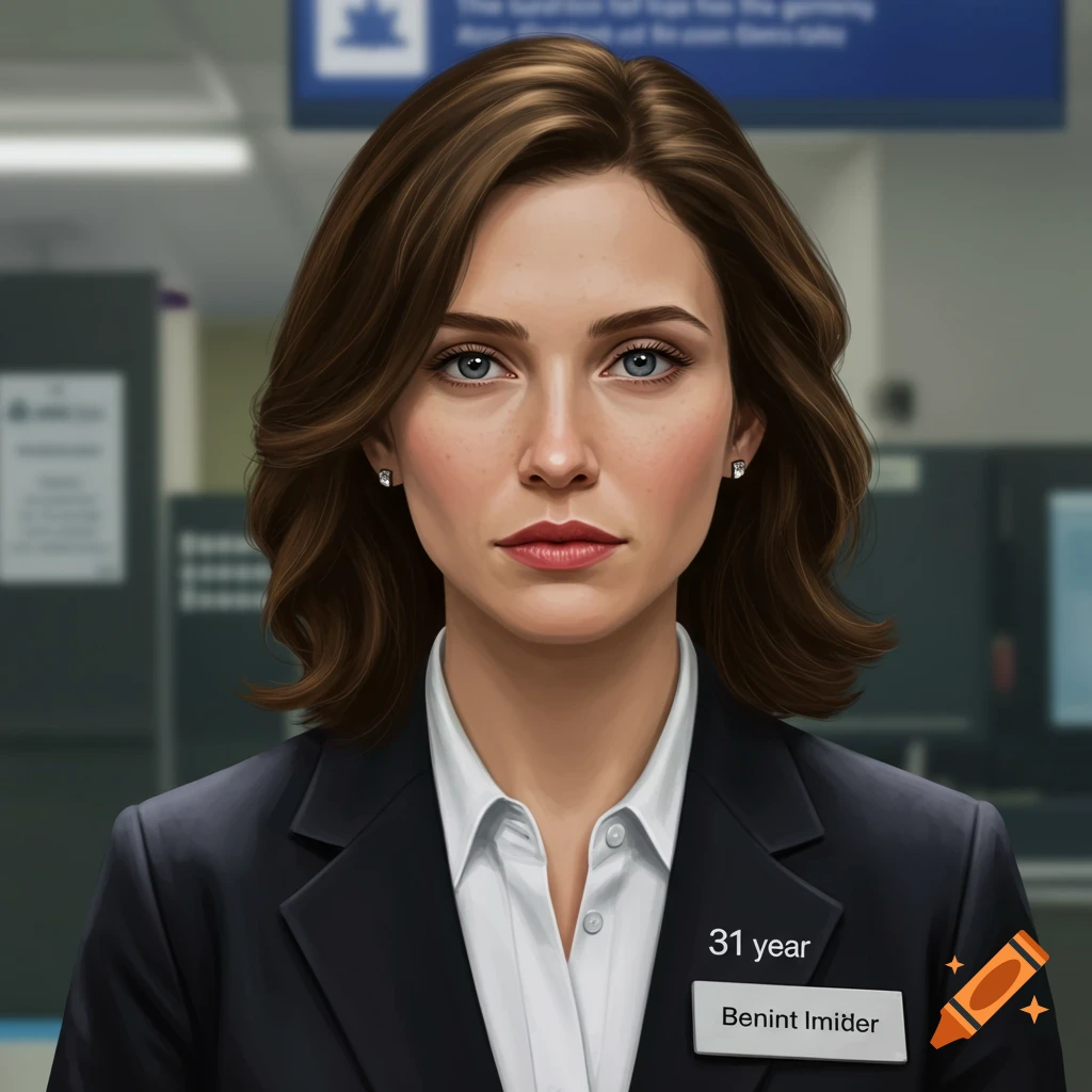 A realistic portrait of a young woman with brown hair and blue eyes, wearing a dark suit and white shirt, with a name badge, standing in an office or bank lobby.