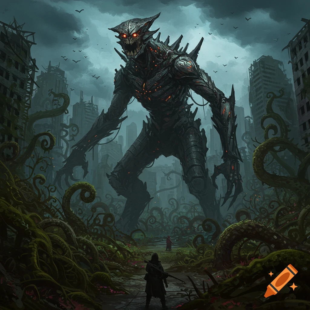 Giant spiky mechanical monster in ruined city overgrown with tentacles, watched by a human figure.