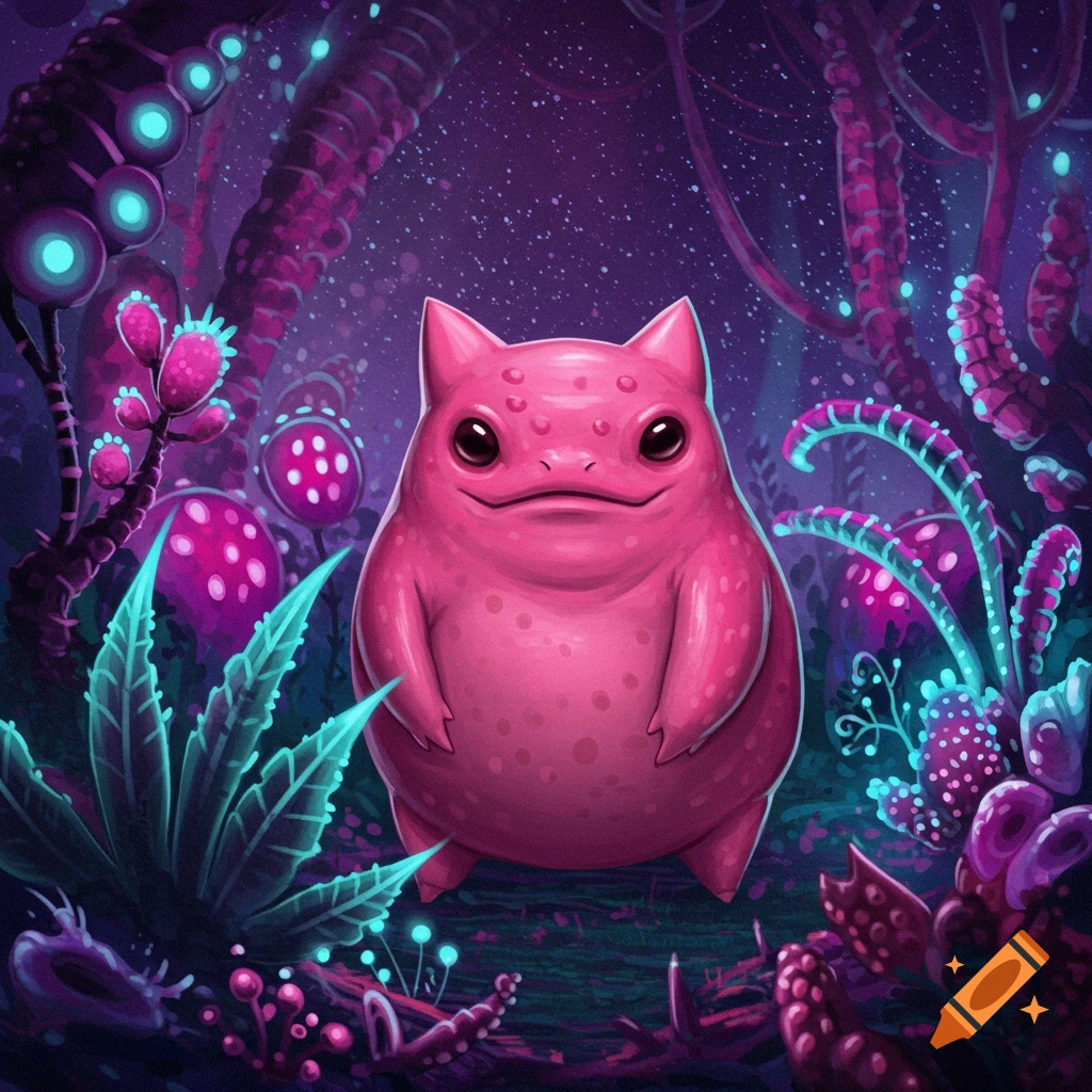 A pink, frog-like creature with cat ears stands in a dark, bioluminescent alien forest.