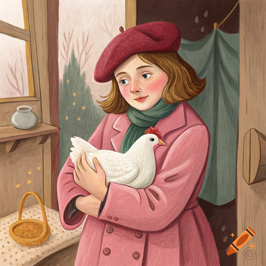 A girl in a pink coat and red beret holds a white chicken in a rustic painting.