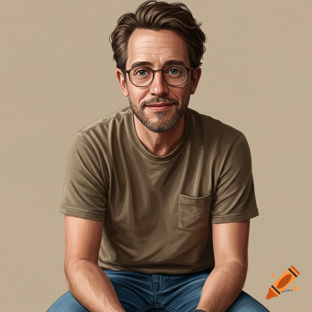 Illustration of a man with glasses and a beard wearing a t-shirt and jeans