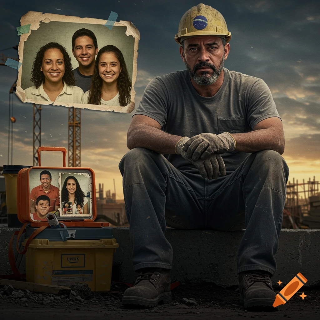 Photorealistic image of a construction worker sitting with photos of his family at a construction site.