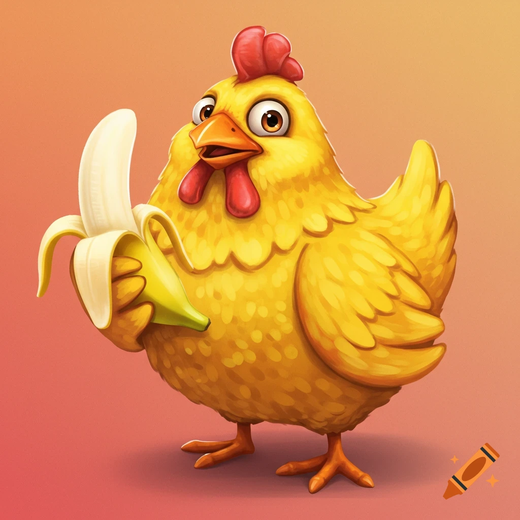 A cartoon illustration of a chicken holding a peeled banana