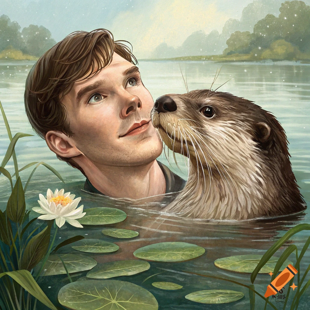 Illustration of a man and an otter in water with lily pads and a water lily.