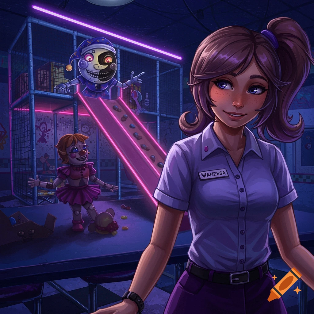 Illustration of a woman in a purple uniform with a nametag standing in a play area with animatronic characters from Five Nights at Freddy's.