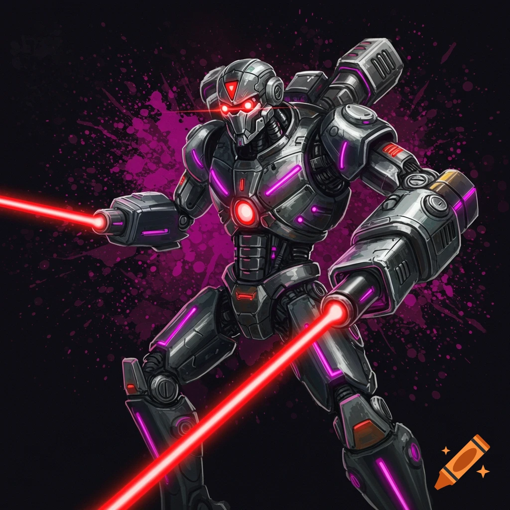 Dark gray robot with glowing purple details and red eyes firing red lasers against a pink splatter background. Illustration style.