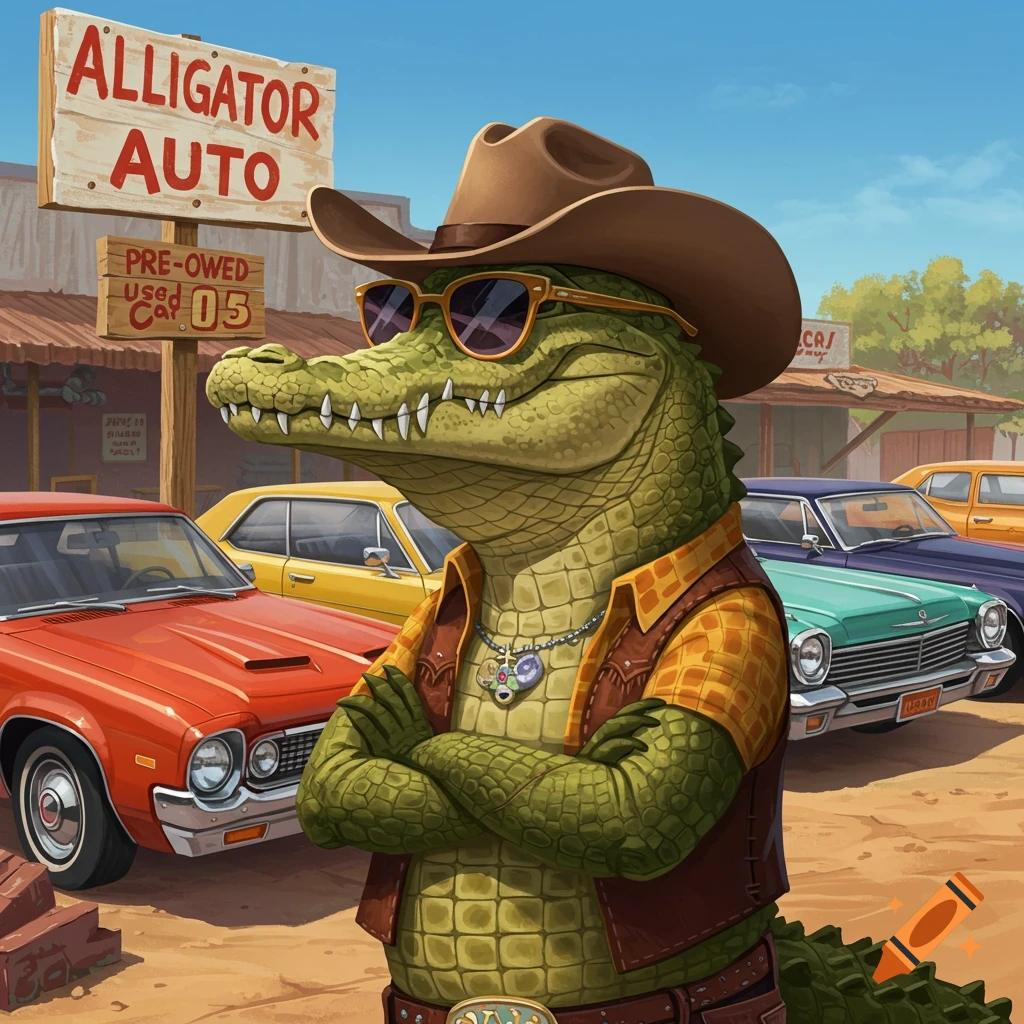 An alligator in a cowboy hat and sunglasses stands with folded arms in front of classic cars at a used car lot.