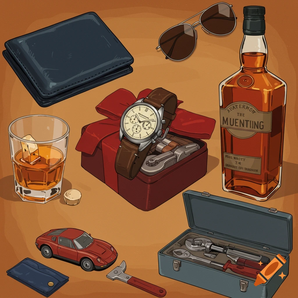 An illustrated still life of various men's accessories including a watch, wallet, sunglasses, whiskey, car, and tool kit.