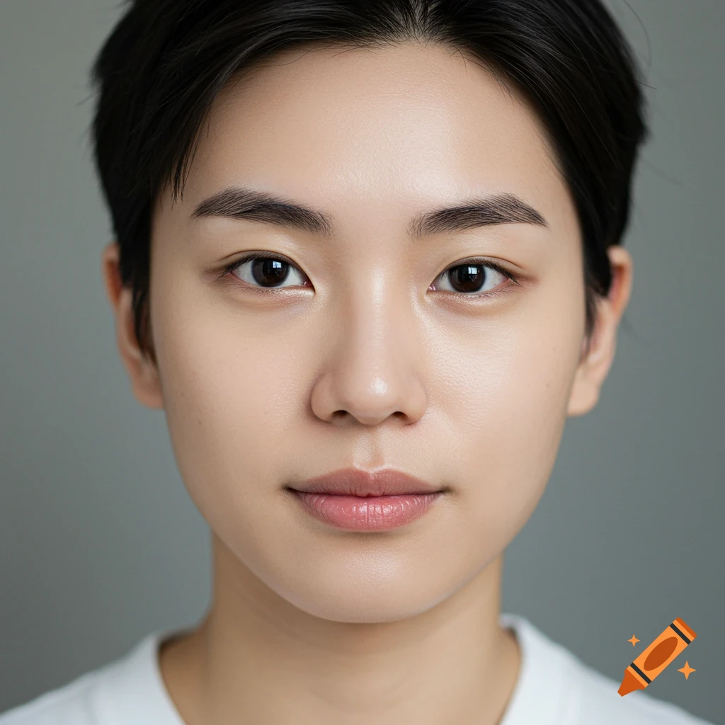 A close-up portrait of a person with short dark hair and light skin against a gray background.