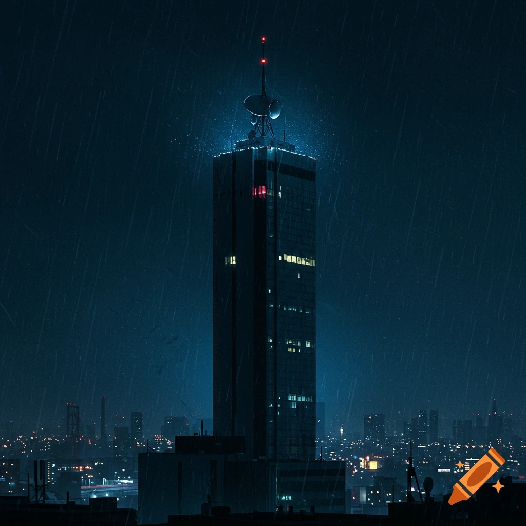A tall skyscraper stands in a rainy city at night.