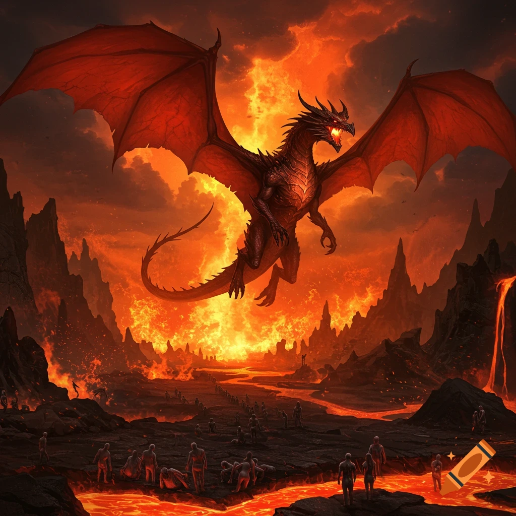 A red dragon flies over a hellish landscape with lava and human figures.