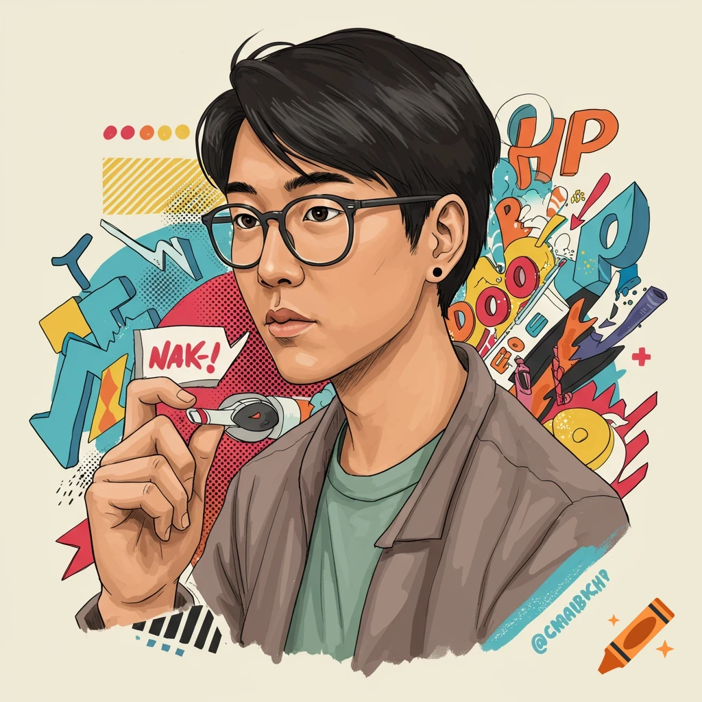 Stylized illustration of a person in glasses surrounded by graphic design elements