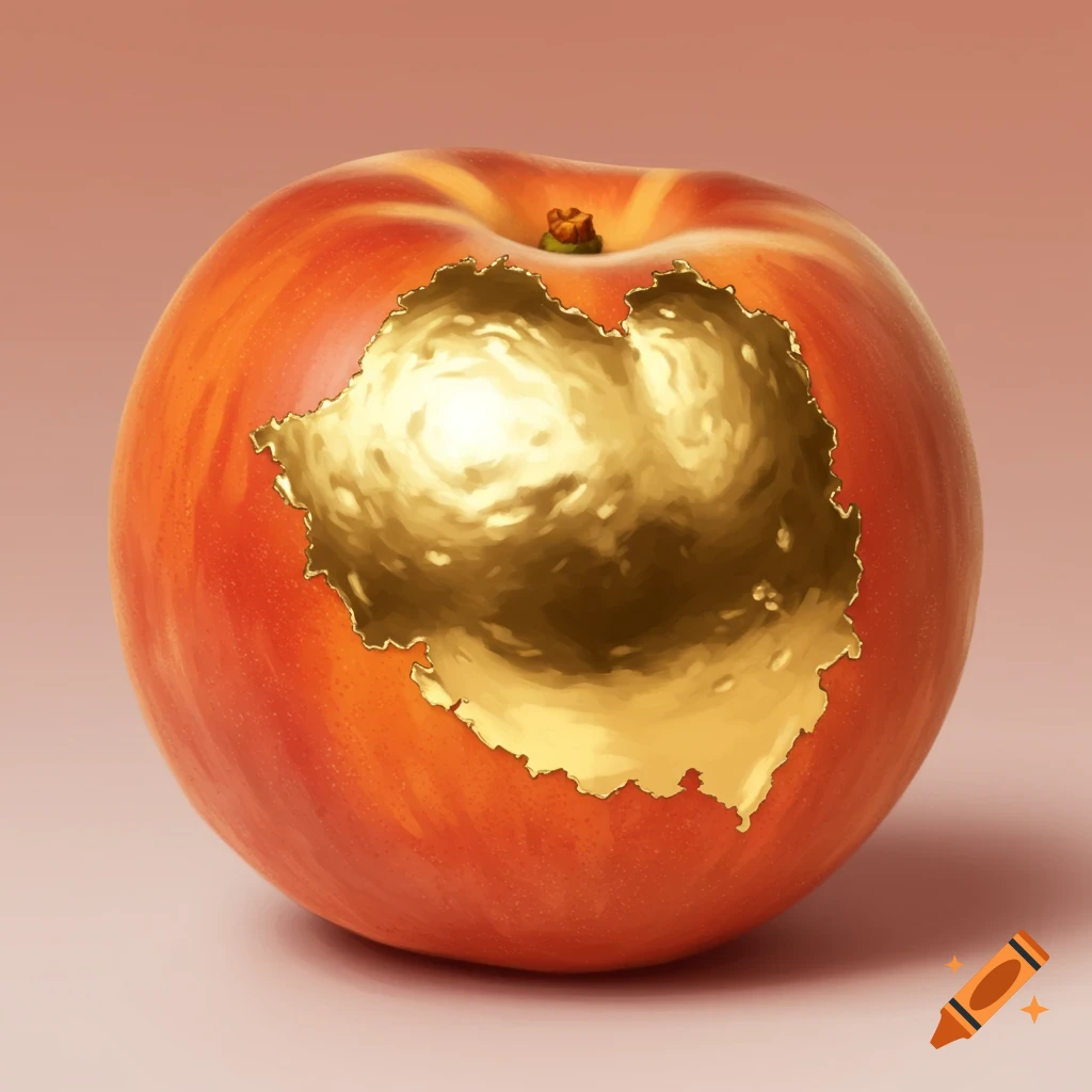A close-up of a red and yellow apple with a bite taken out, revealing a shiny golden interior.