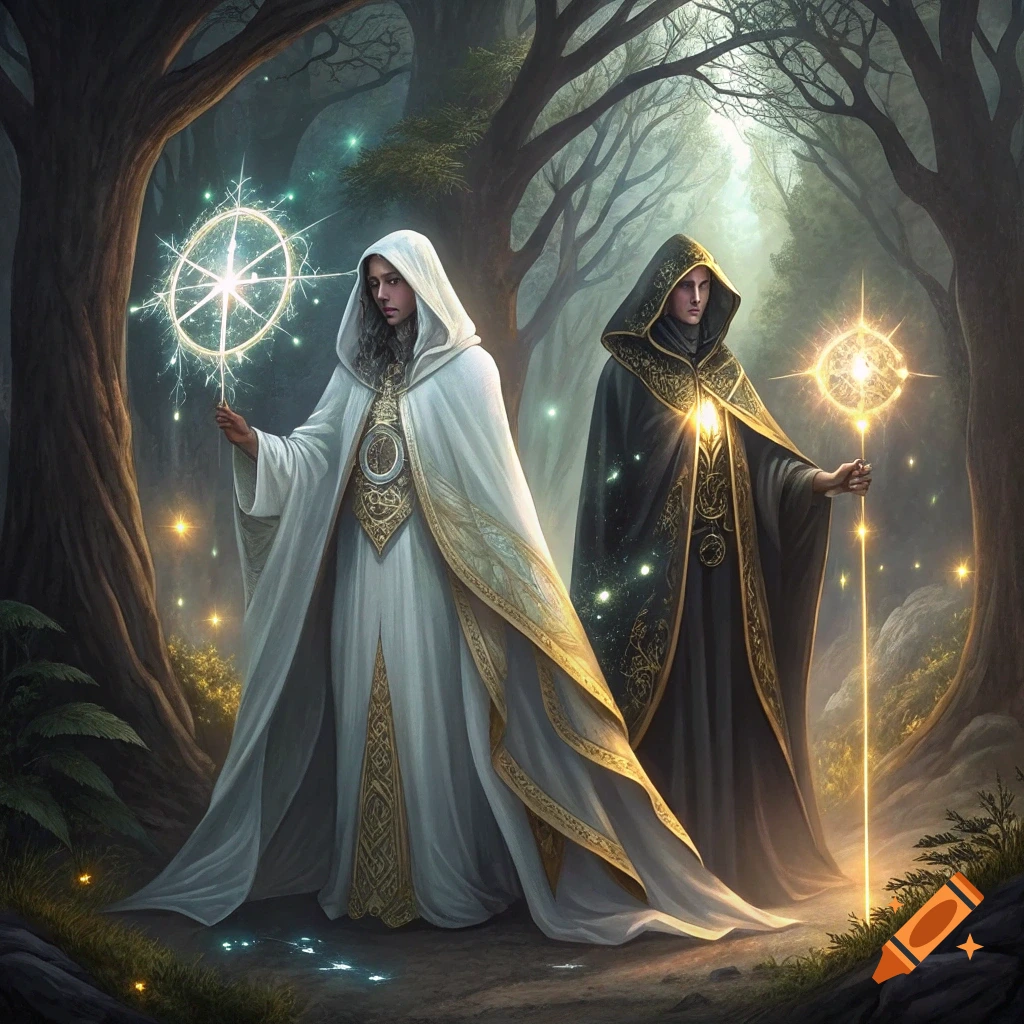 Two robed figures, one in white, one in black, hold glowing magical staves in a forest. Fantasy style.