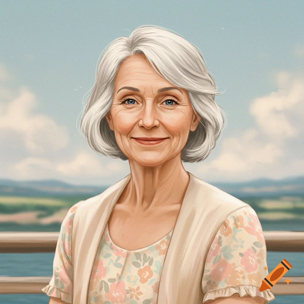 Illustration of a smiling older woman with short grey hair and blue eyes, wearing a floral top and cardigan, standing outdoors.