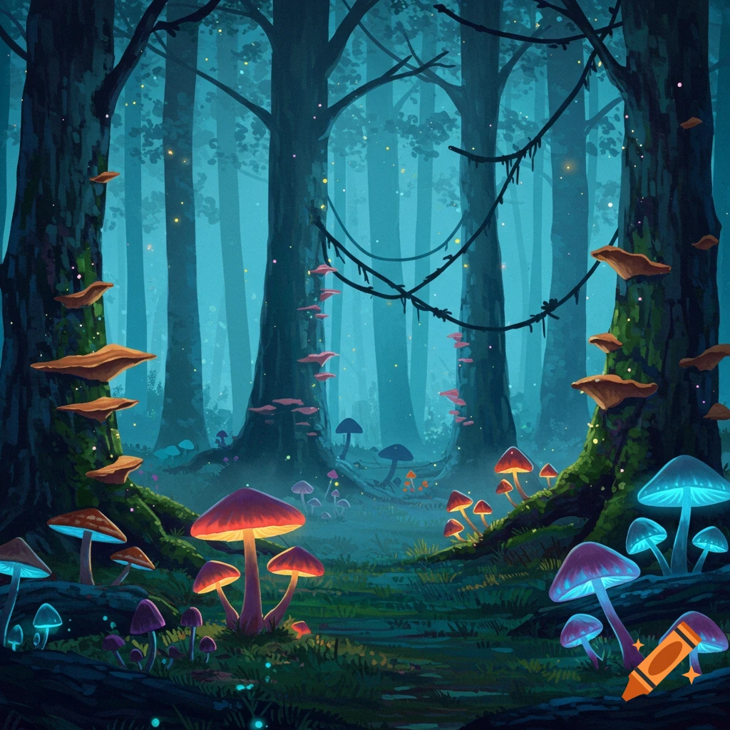 A fantasy forest at night with glowing mushrooms and fireflies.