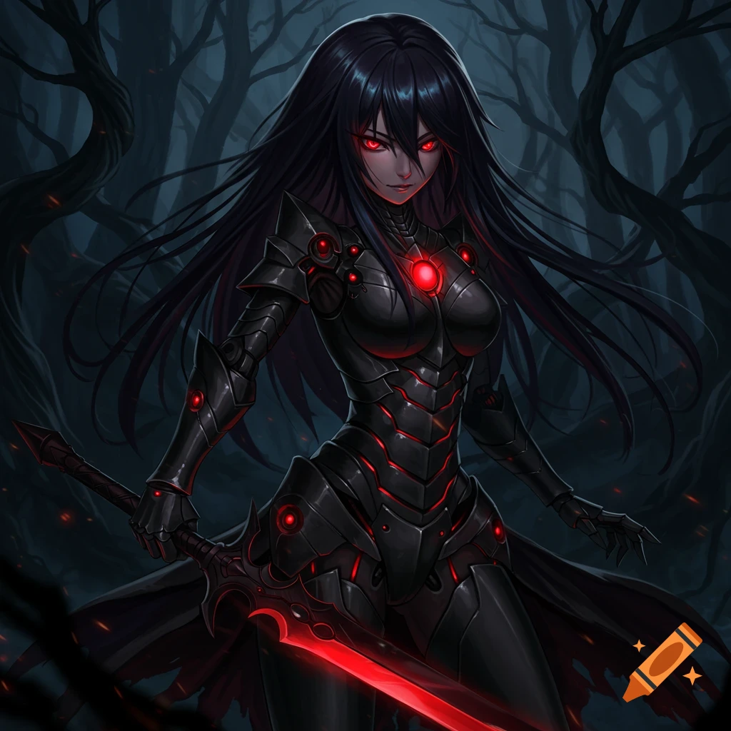 Anime woman in black armor with red glowing eyes and sword in dark forest.