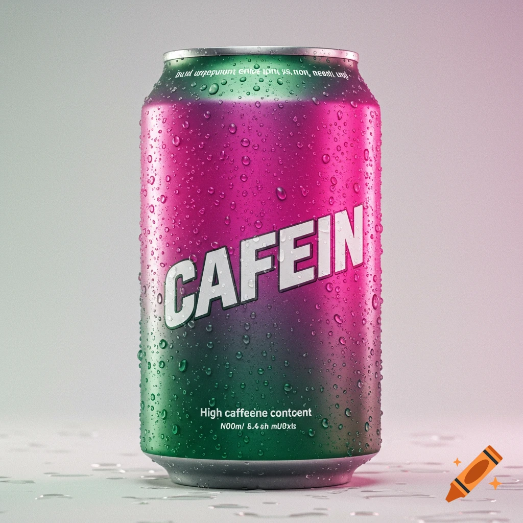 A photorealistic image of a drink can with a pink and green gradient, covered in water droplets, with the word CAFEIN on it.