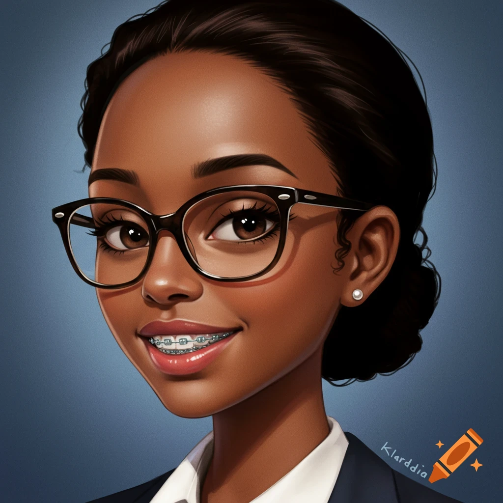 Close-up illustration of a young African American woman with glasses and braces, smiling professionally.