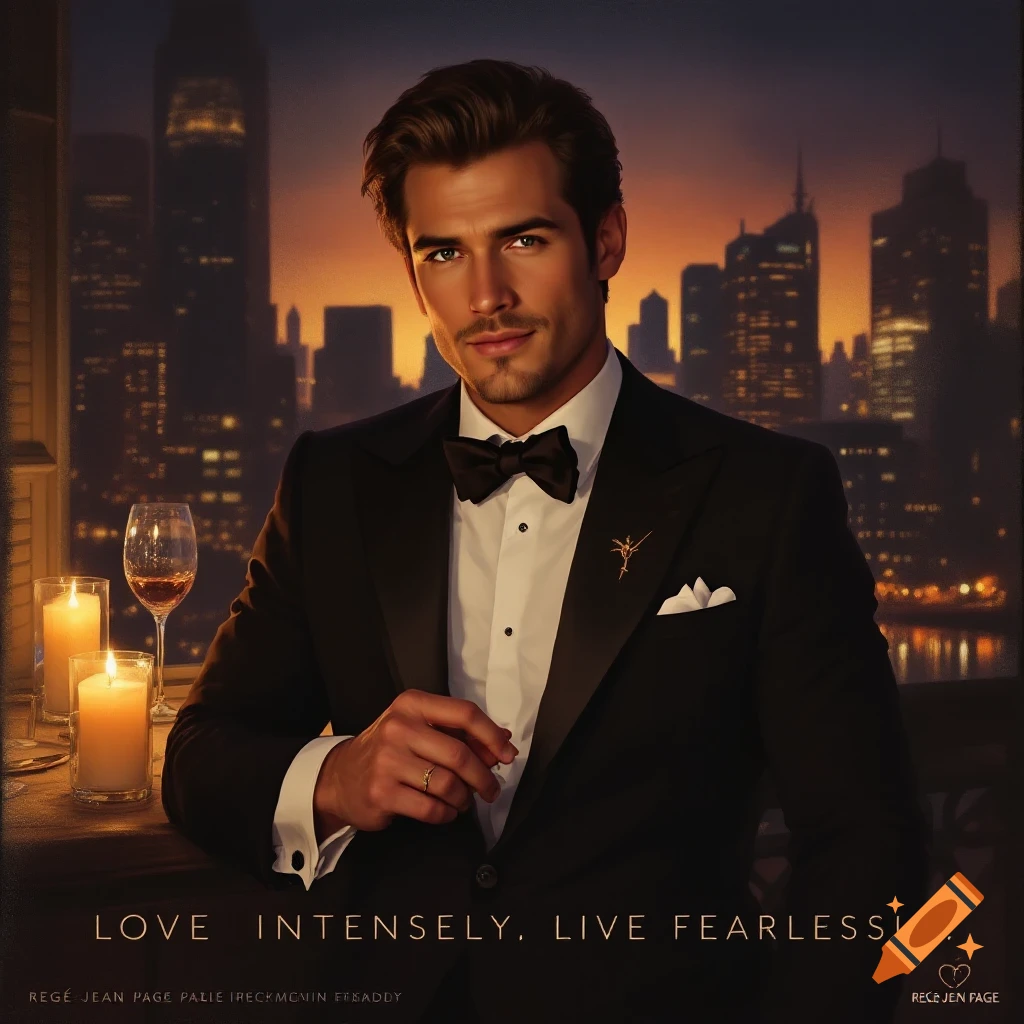 A man in a black tuxedo stands by a window with candles and a wine glass, a cityscape lit by sunset or night in the background. The text "LOVE INTENSELY. LIVE FEARLESSLY." is below.