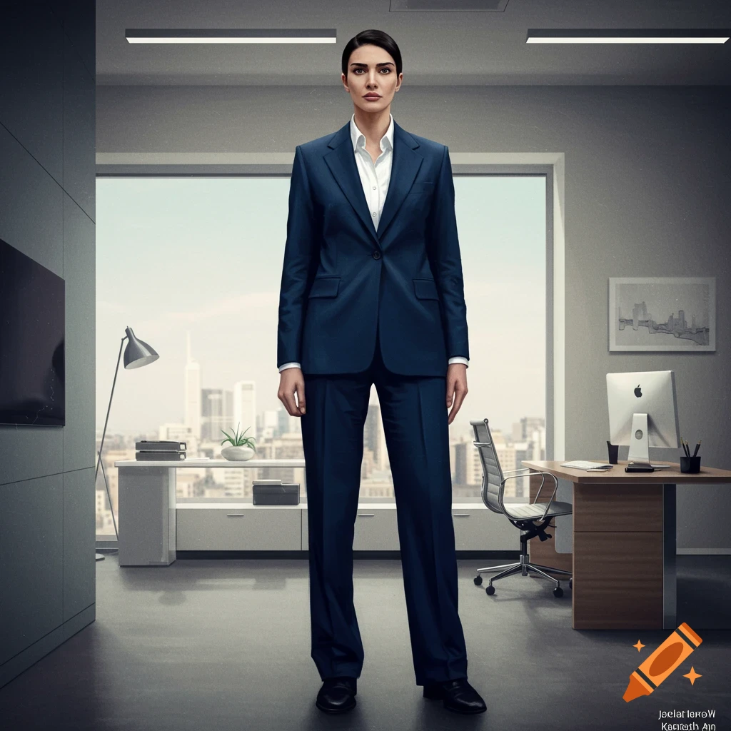 A woman in a blue suit stands in a modern office