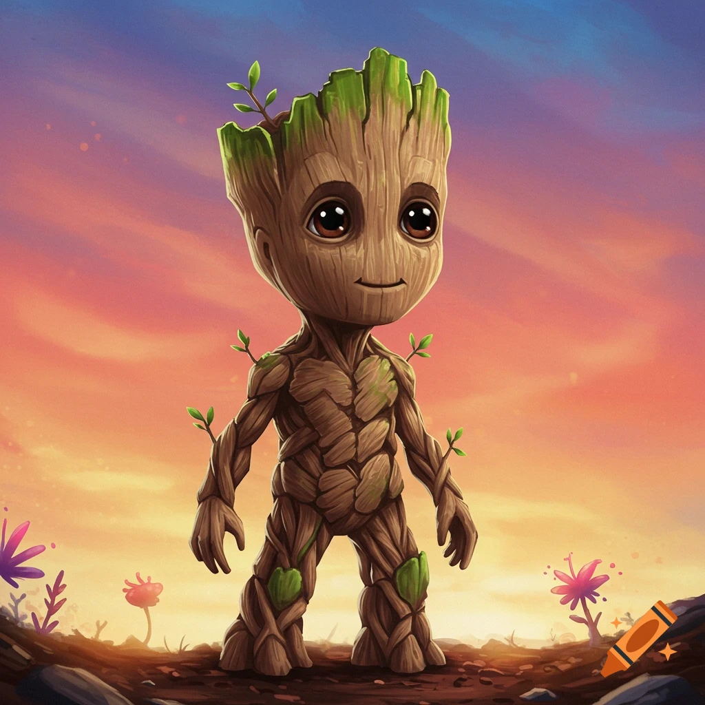 A cute cartoon Groot stands in an outdoor scene with a sunset sky.