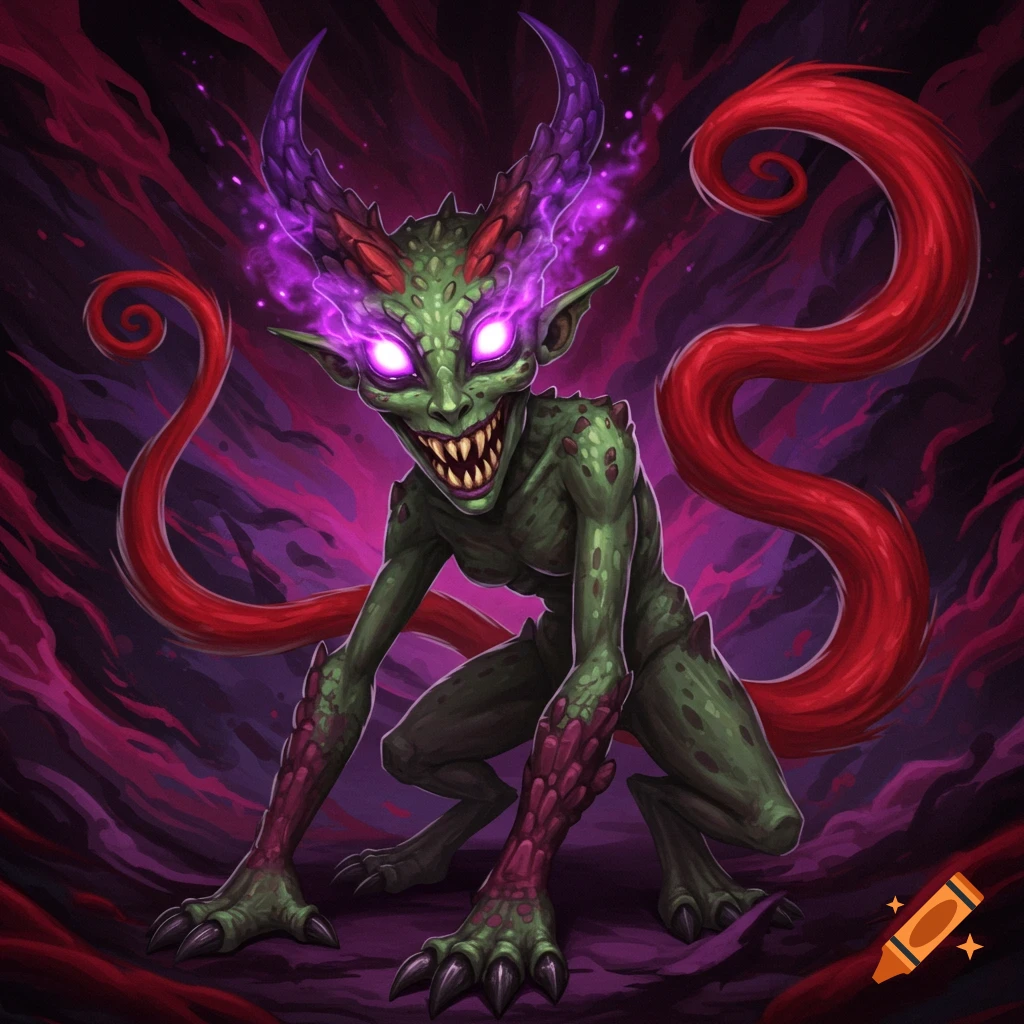 A crouching green monster with purple glowing eyes and horns, sharp teeth, and two long red tails.