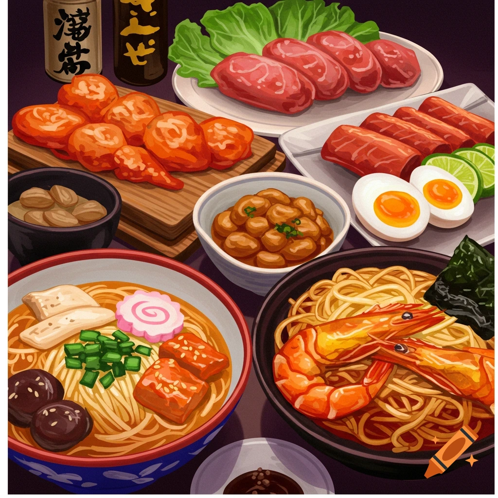 An illustration of various Asian food dishes, including ramen, meat, eggs, and side dishes.