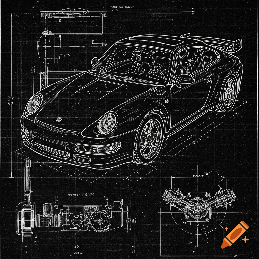 Blueprint-style technical drawing of a Porsche 911 car, with dimensions and engine details.