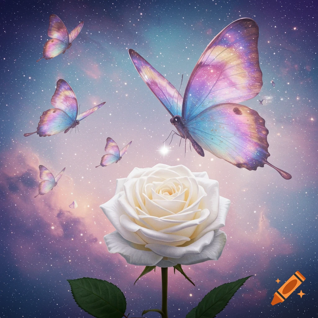 Colorful butterflies fly around a white rose in a starry sky.