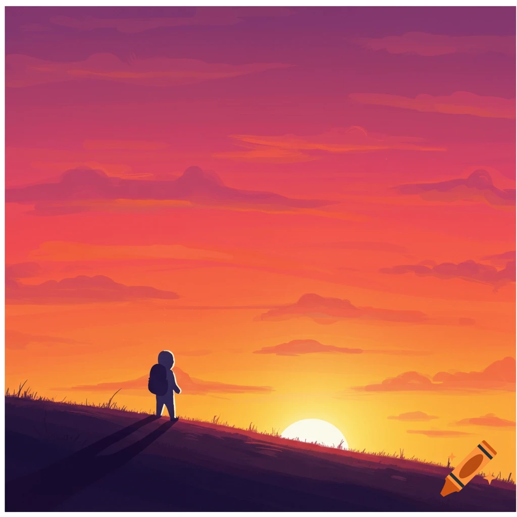 Small figure silhouette on a hill watching a large sunset, vector illustration