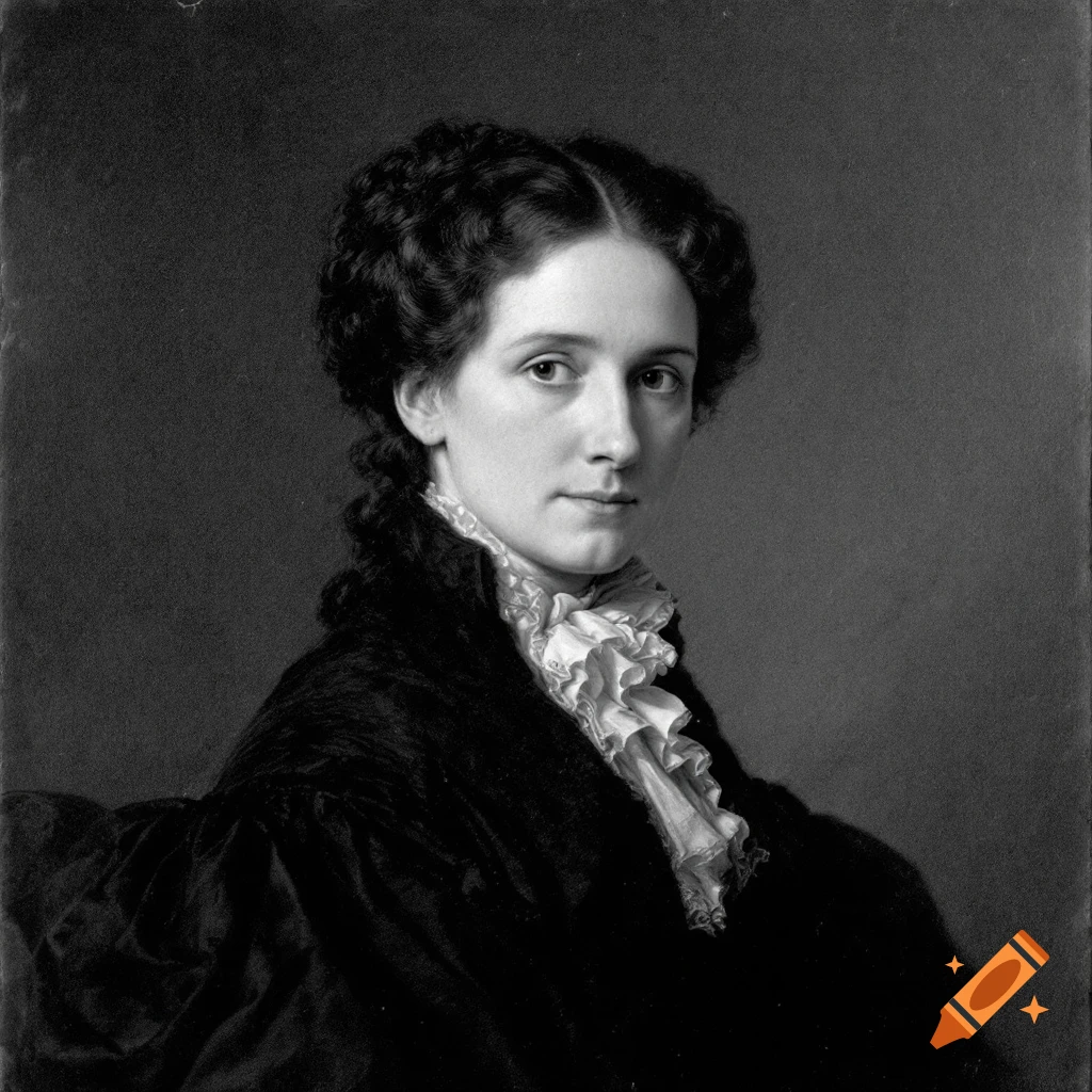 Black and white portrait of a woman in historical clothing