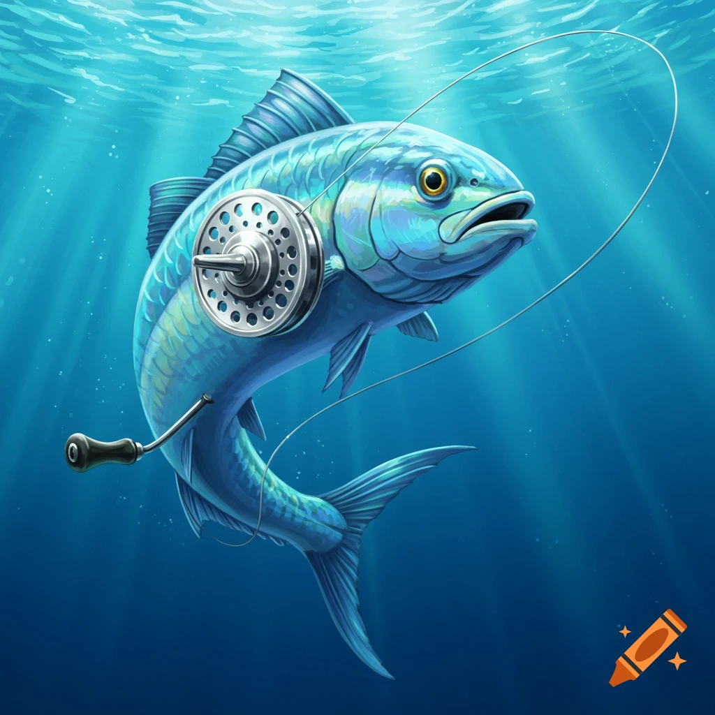 Illustration of a blue fish with a fishing reel as its tail swimming underwater.