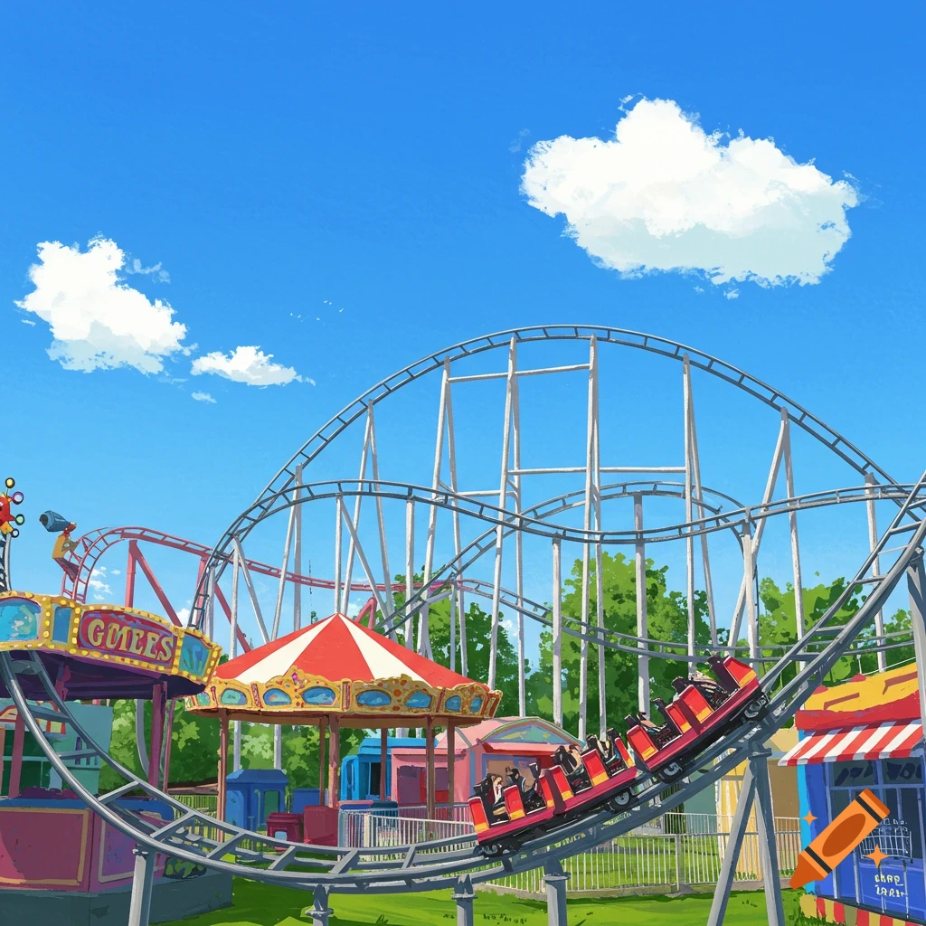 Illustration of a colorful amusement park with a large roller coaster track, carousel, and a train climbing a hill under a blue sky.