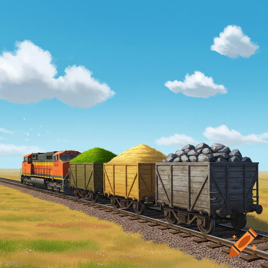 A freight train pulls four cars loaded with grass, sand, rocks, and coal through a grassy field.
