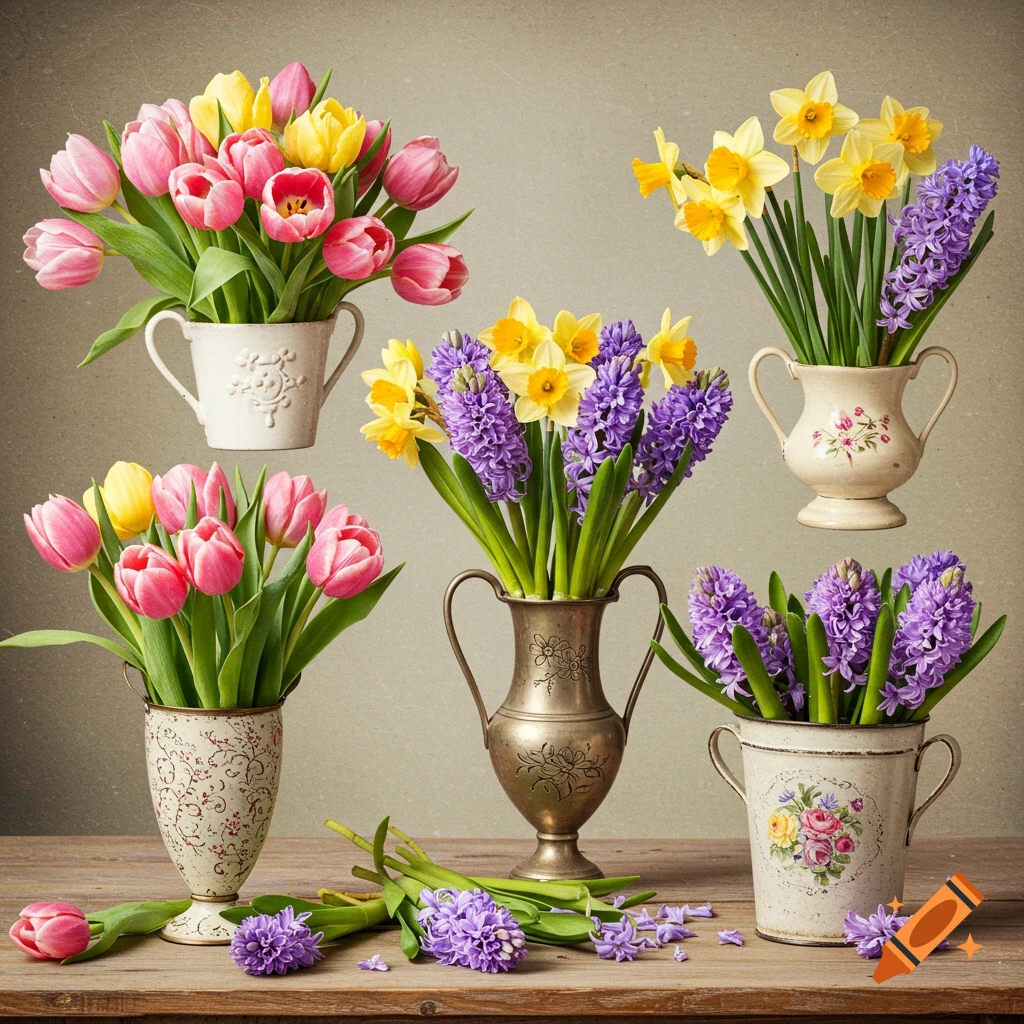 Several vintage vases filled with spring flowers including tulips, daffodils, and hyacinths, on a wooden table.