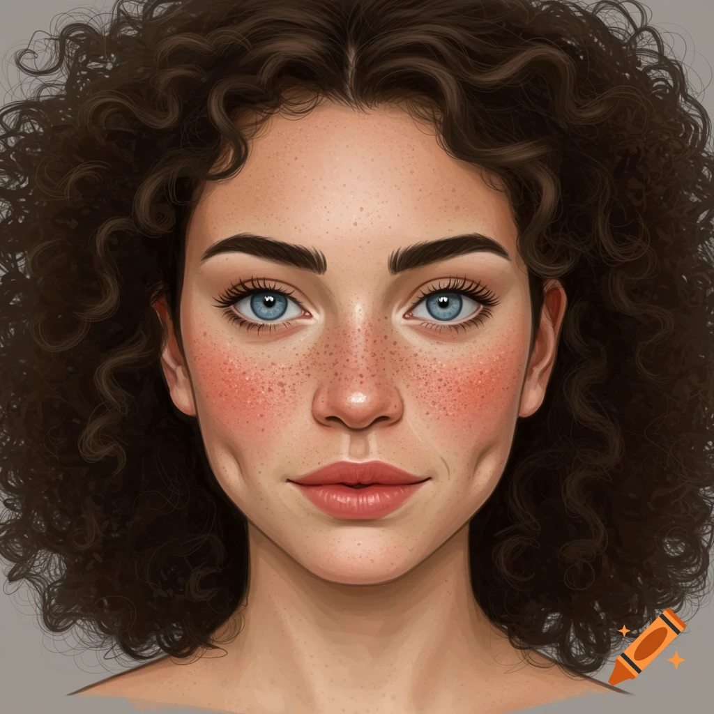Close-up portrait of a young woman with curly brown hair, freckles, blue eyes, and dimples.
