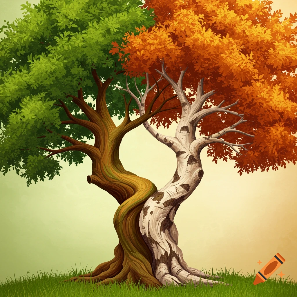 Two stylized intertwined trees, one with green leaves and one with orange autumn leaves, on grass.