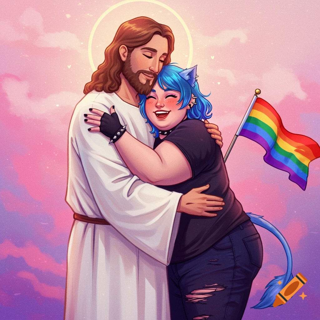 Cartoon of Jesus hugging a blue-haired person with cat ears and tail holding a rainbow pride flag under a halo.