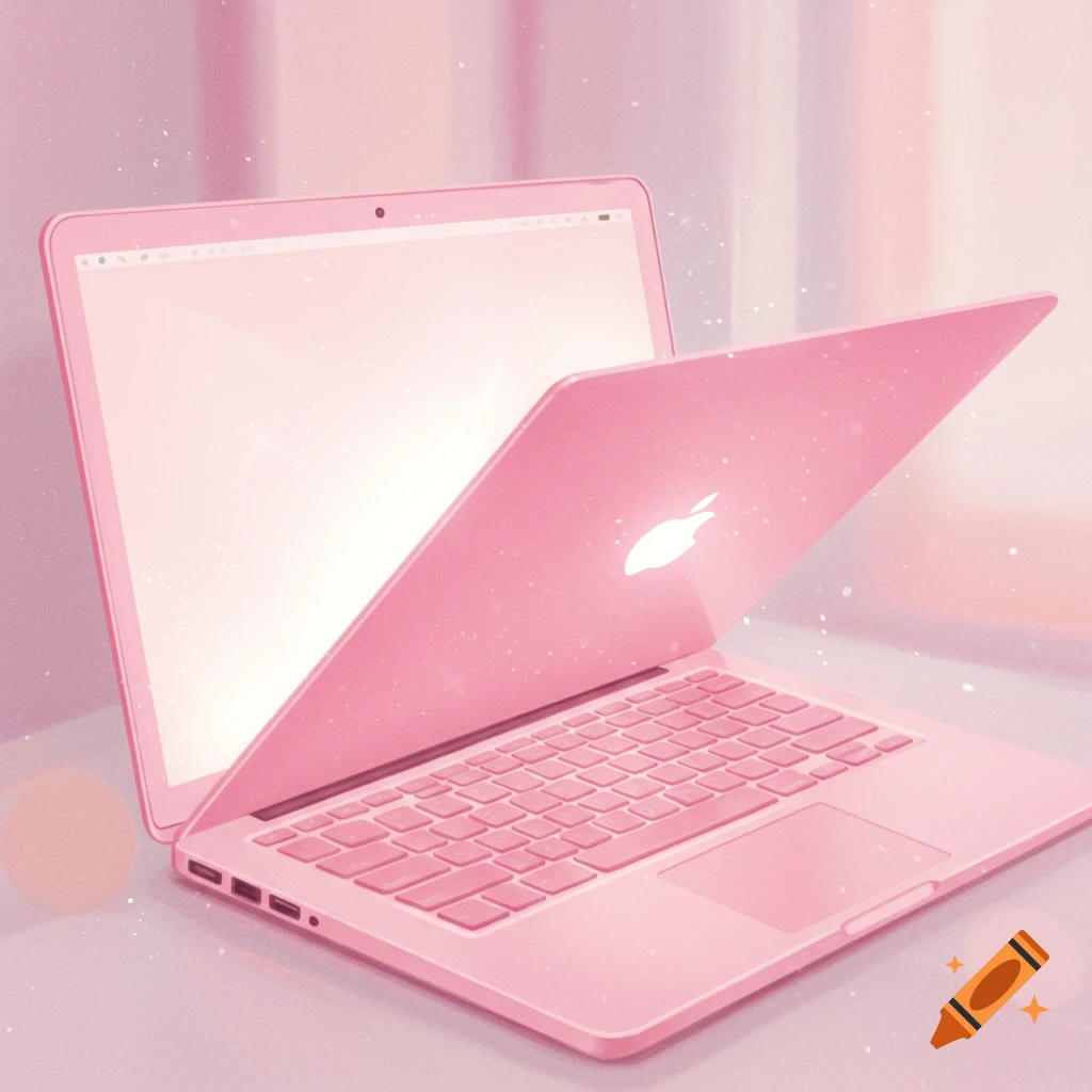 A pink laptop with a bright pink screen, angled to show the keyboard and lid in a sparkly, stylized illustration.