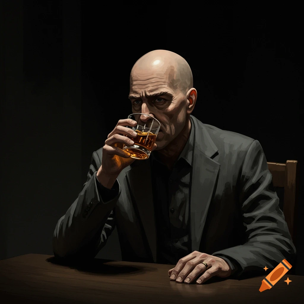 Illustration of a bald man in a suit sitting alone in a dark room, drinking whisky.