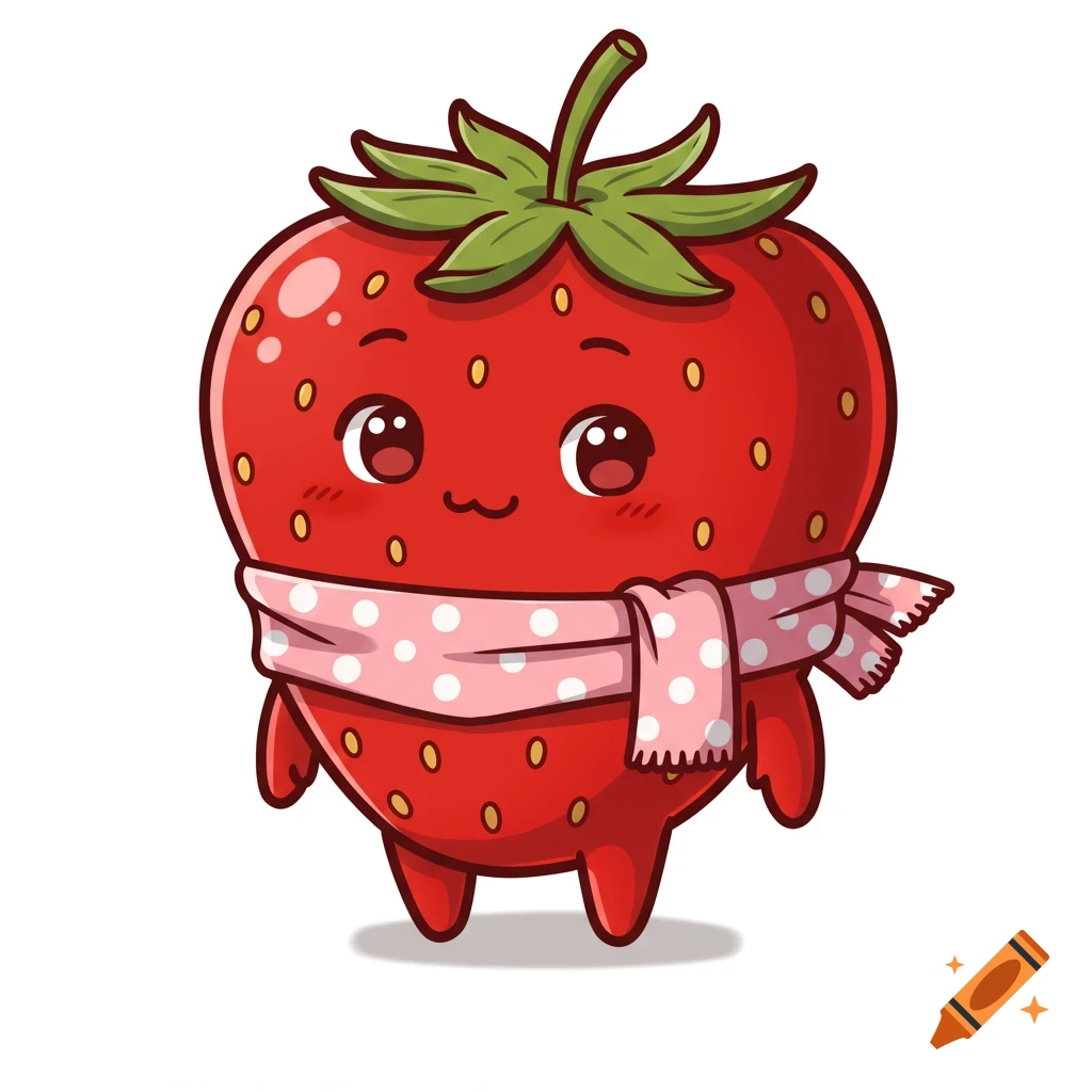 Cute cartoon strawberry character with a face and a pink polka dot scarf.
