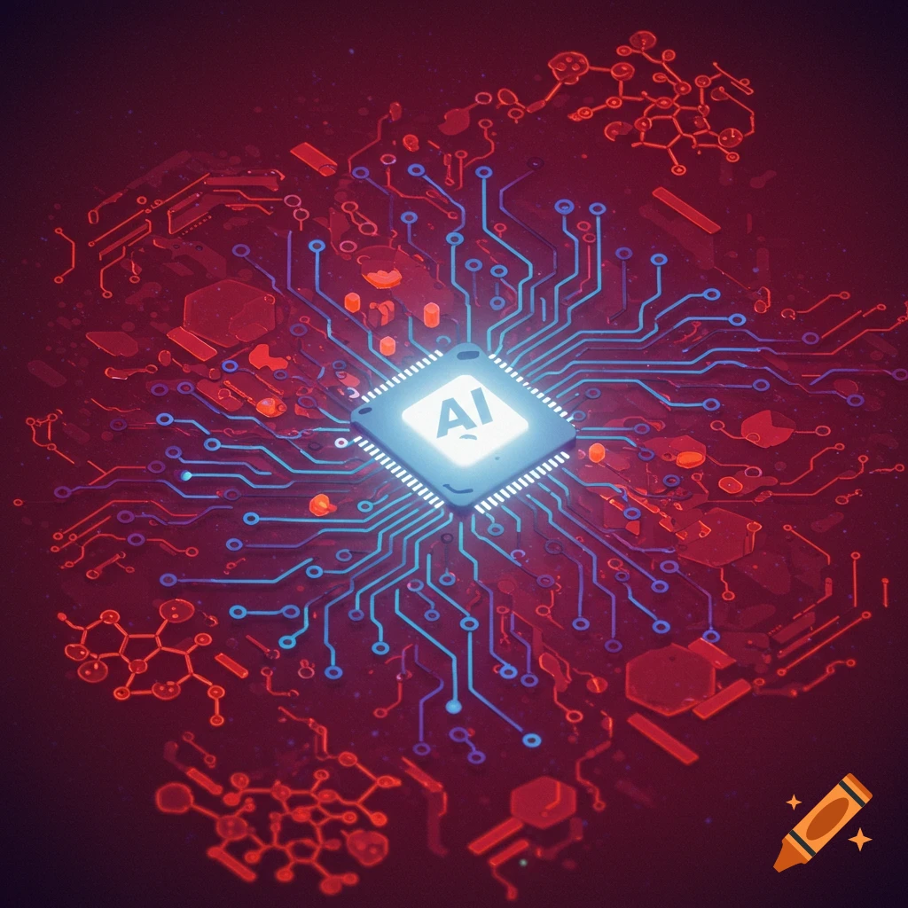 A glowing AI chip at the center of a stylized circuit board with blue lines and red abstract shapes.