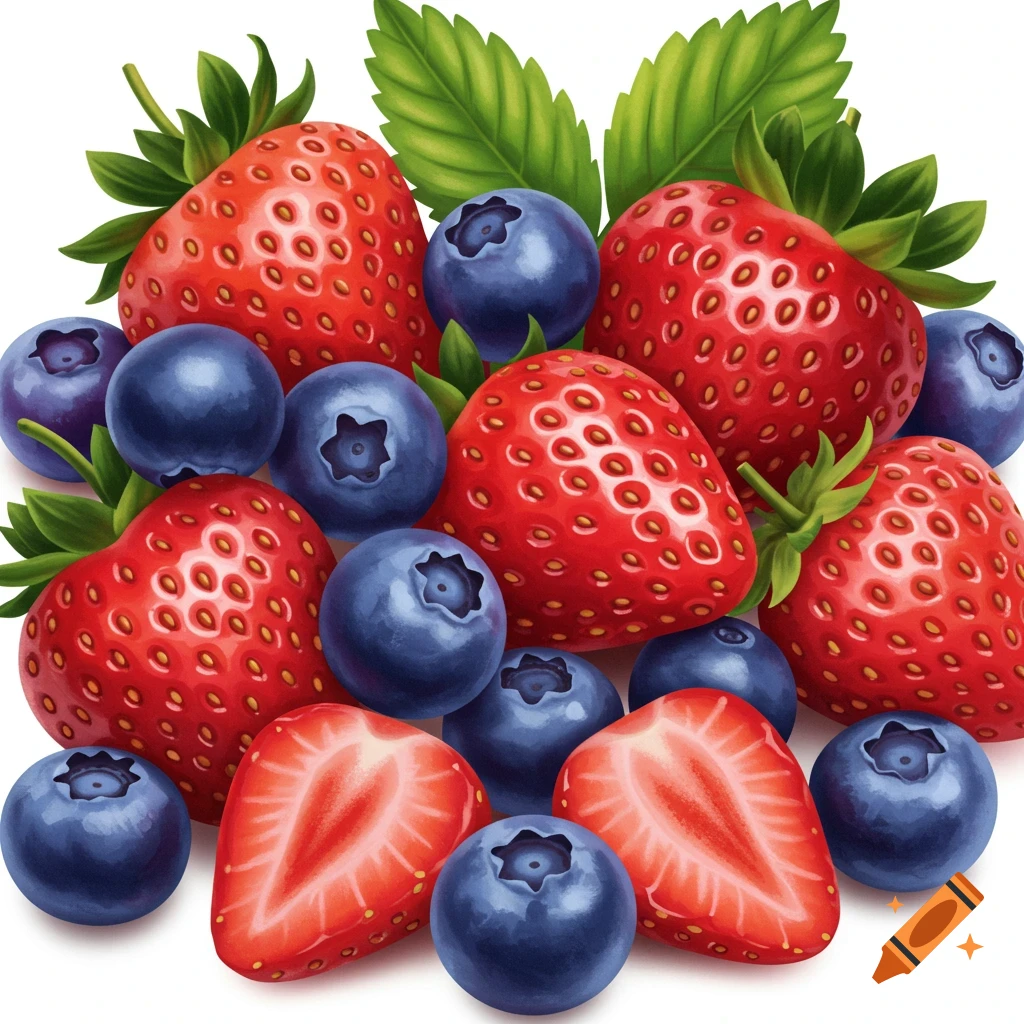 A pile of red strawberries and blue blueberries.