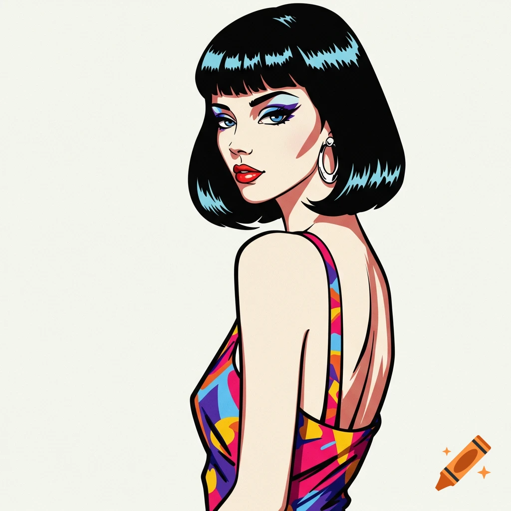 Illustration of a woman in a colourful dress in the style of Patrick Nagel.