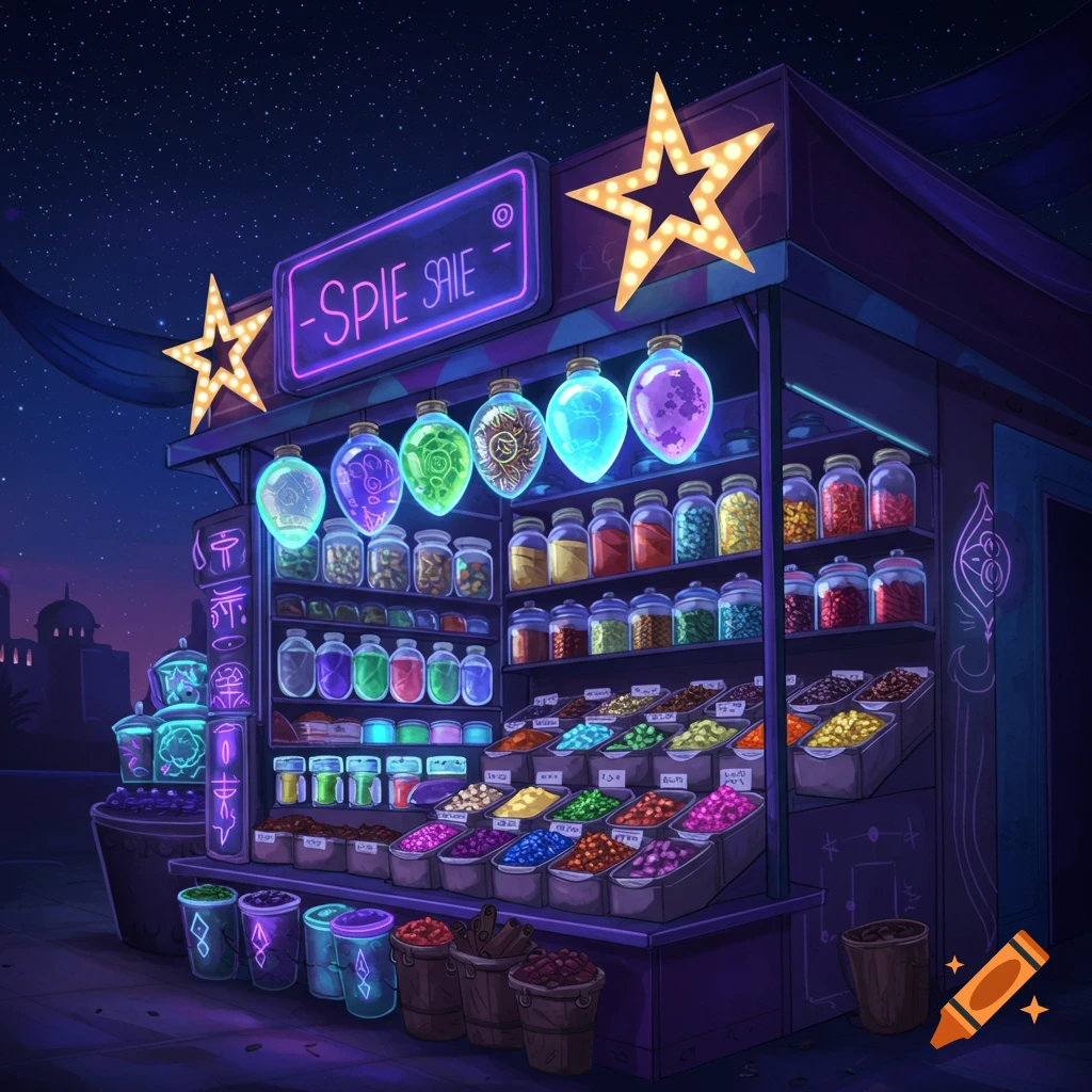 A futuristic fantasy spice stand at night, lit by neon signs and stars, filled with jars and bins of colorful spices.