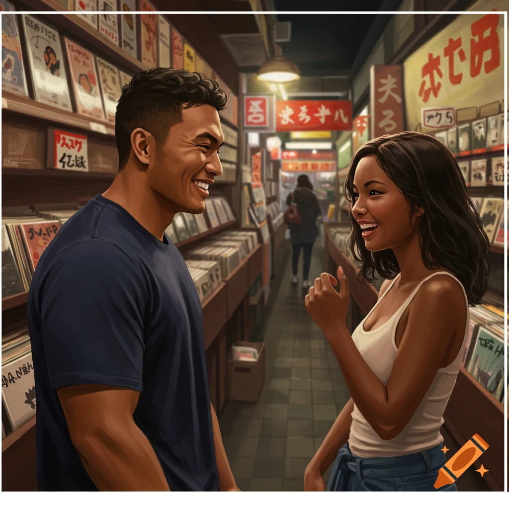 Man and woman smiling at each other in a record store.