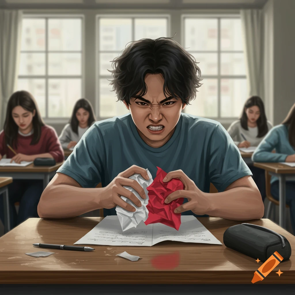 Frustrated student crumpling paper in a classroom. Digital illustration.